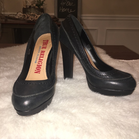 NWOT True Religion Blk Leather Platform Pump Sz6M - Picture 1 of 8